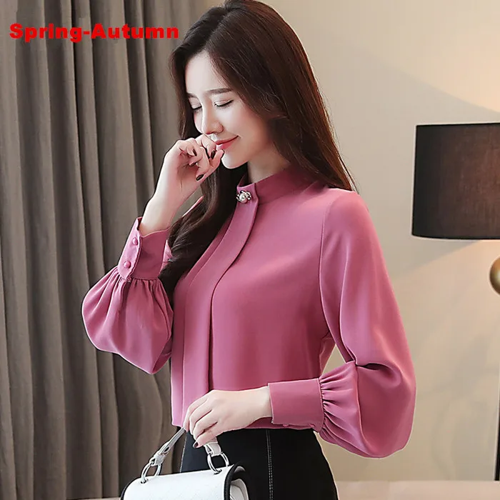 Dark Pink Spring S-3XL, новая Офисная женская шифоновая рубашка, Весенняя модная универсальная элегантная Свободная рубашка со стразами, плиссированные тонкие топы, женская одежда - Цвет: Dark Pink Spring