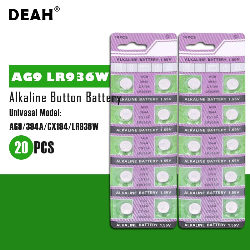 Batería de celda alcalina para relojes y juguetes, pila de botón AG 9, LR936W, 1,55, 394, SR936SW, CX194, 394A, 20 piezas, DEAH, 194 V, AG9, LR936