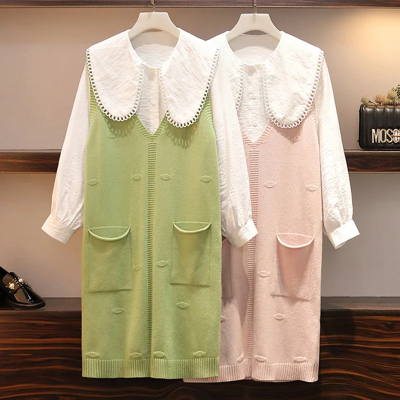 

Photo Shoot 2019 Autumn Clothing New Style Large Size Network Red Wind by Age Peter Pan Collar Shirt + Vest Sweater Suit Dress