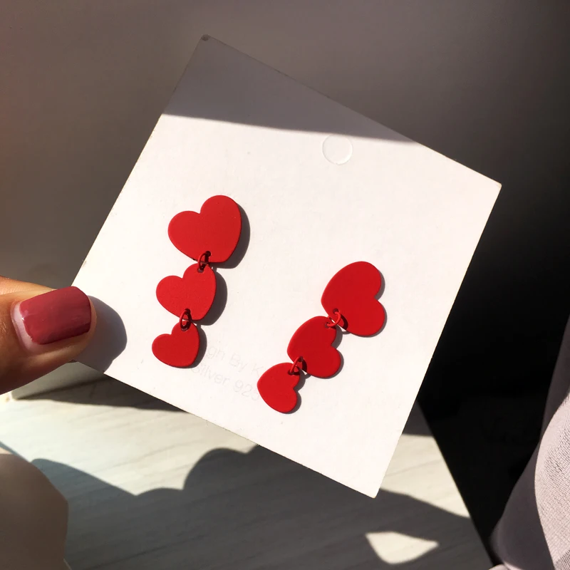 

S925 needle Sweet Korean Earrings Pretty Design Lovely Warm Three Red Heart Dangle Drop Earrings For Women Girl Gifts Wholesale