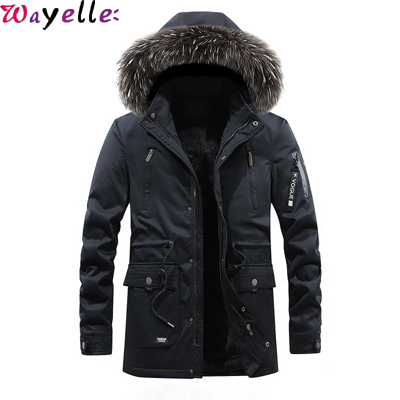 Зимние длинные пальто мужская флисовая куртка Толстая теплая парка с меховым