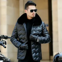 Новое поступление, зимние куртки высокого качества из искусственной кожи, 90% белый утиный пух, воротник из лисьего меха, мужские куртки, мужское коричневое кожаное пальто 803
