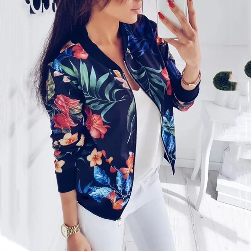 Ideal Jacket Women Flower Floral Printed Zipper Up Thin Bomber Jacket Retro Coats New Autumn Basic Casual