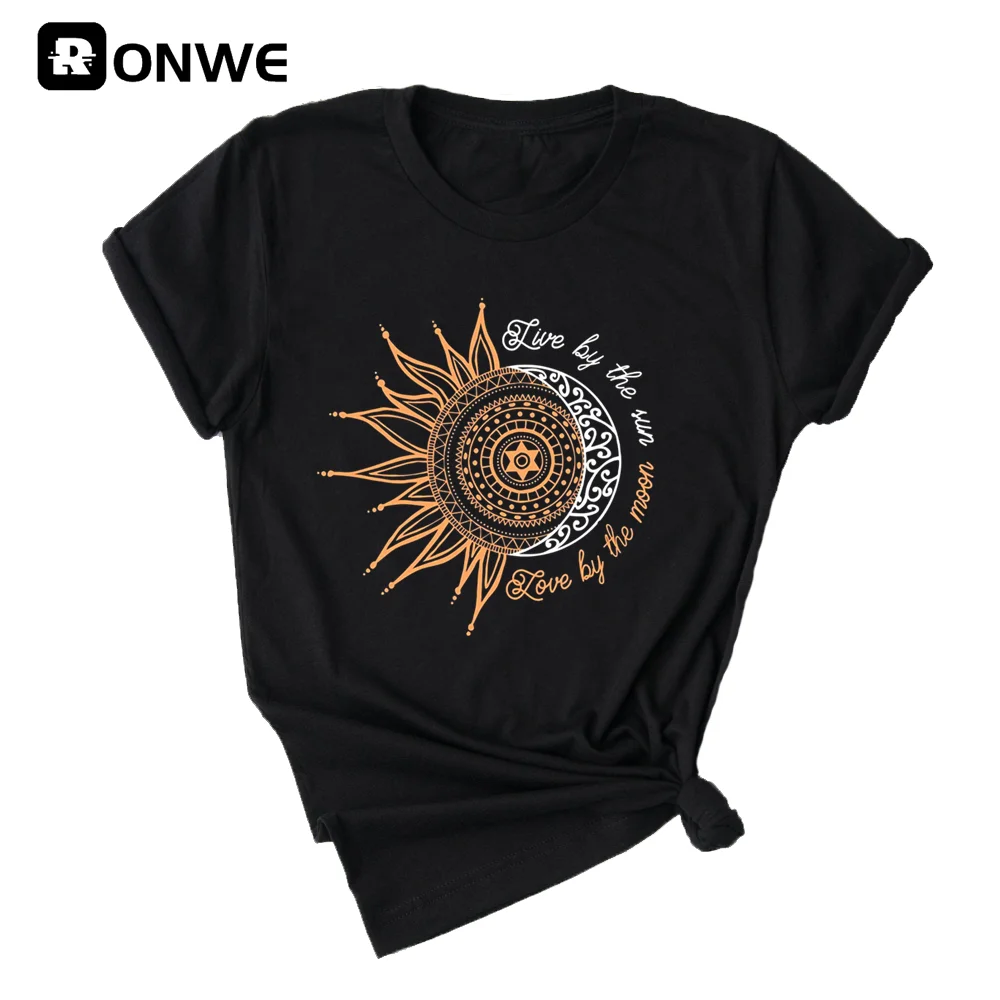 Live Durch Die Sonne Liebe Durch Die Mond Frauen Lustige Drucken T-shirt Sommer Schwarz Mode Tops T Mädchen 90S harajuku Kleidung, drop Schiff