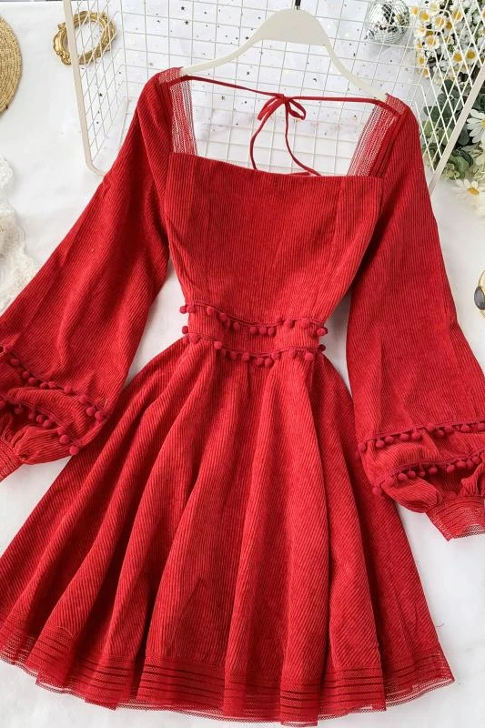 Новое модное женское французское Ретро популярное красное платье с квадратным воротником и рукавами-фонариками