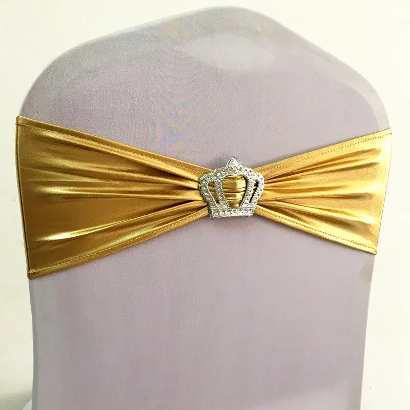 100pcs Shiny Metallic Gold Spandex Lycra Chair Sash Bands With Crown
