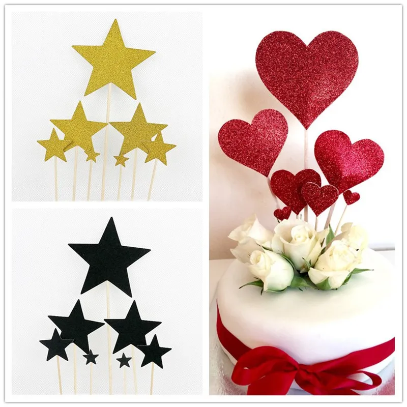 

7Pcs/Set Mini Heart Star Cupcake Toppers Birthday Cake Topper Wedding Birthday Party Decorations Baby Shower Favors