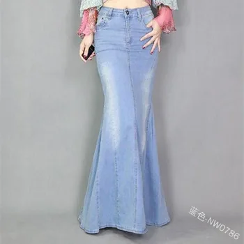 

Women fashion light blue denim xl-long mermaid skirts