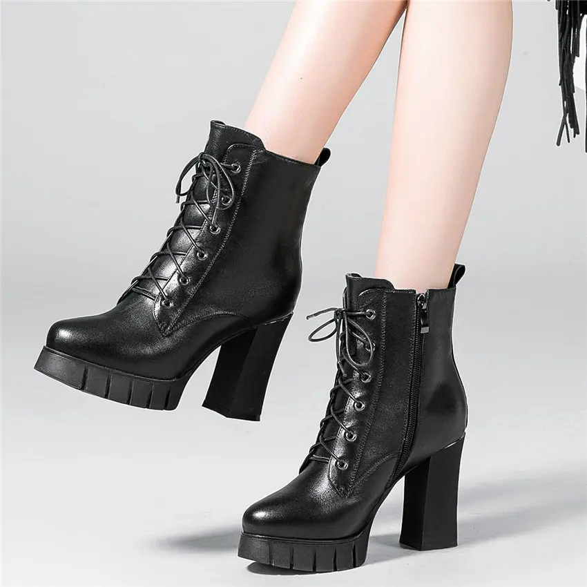 

High Top Pumps Shoes Women Black Genuine Leather Chunky High Heels Ankle Boots Female Round Toe Winter Warm Platform Casual Shoe