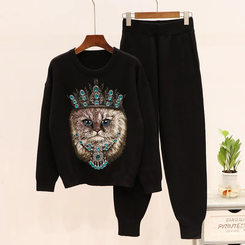 

2 Piece Outfits for Women Cat Pattern Beads Long Sleeve Knitted Sweater Pullover Jogging Trousers Pant Set Sport Tracksuit
