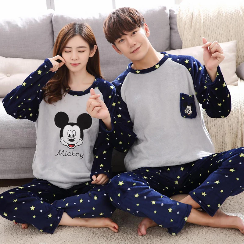 

Couples Winter Thick Warm Flannel Pajama Sets for Women Long Sleeve Coral Velvet Pyjama Men Cute Cartoon Sleepwear Home Clothes