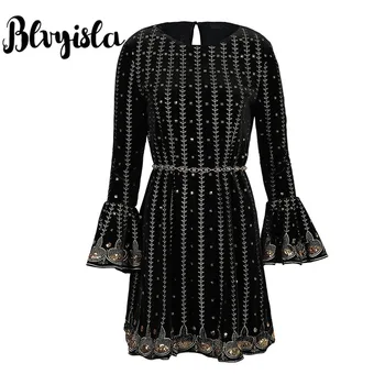 

Blvyisla Charming Crystal Sequined Embroidery Party Dress Sexy Women Long Sleeve Mini Dresses High Quality Shine Vestidos