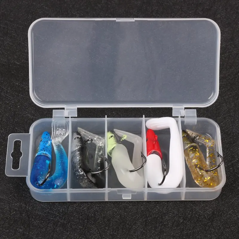 

12.5cm 5color Fish-shaped Soft Bait Hook Set with Organizer Box Tail Fish jig wobbler Fishing Lures Bass Artificial Rubber Baits