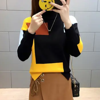 

Autumn Winter Warm Turtleneck Sweater Women Long Sleeve Sweaters Ladies Harajuku Patchwork Knitted Pullover Jumpers Pull Femme