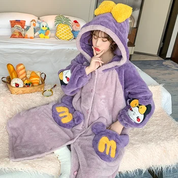 

Cute Cartoon Pajamas Women Autumn Winter Thicken Plush Coral Velvet Long Sleeve Women Pajamas Lovely Flannel Nightgown Homewear