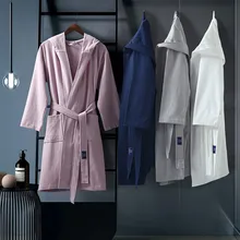 Чистый хлопок, вафельный Халат для мужчин и женщин, для дома, отеля, Осень-зима, тонкий банный халат, парный Халат с капюшоном, Szlafrok Badjas