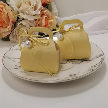 

50pcs European Yellow Hand Bag With Jewelry Ribbon Candy Box Gift Bag Wedding Baby Shower Kid Birthday Party Home Decoration