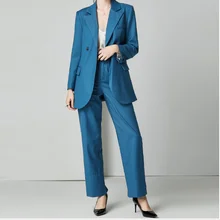 Pantalones azules trajes elegantes trajes de mujer de negocios señoras Blazer conjunto de seda caqui dos piezas trajes de mujer Blazer con pantalones otoño(China)