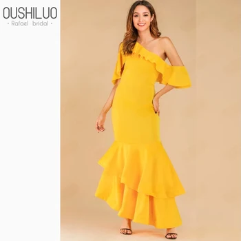 

Yellow Stretch Satin Straight Prom Dresses One Shoulder Tiered Ruffles Ankle Lenth Summer Beach Party Wear Sheath Dress