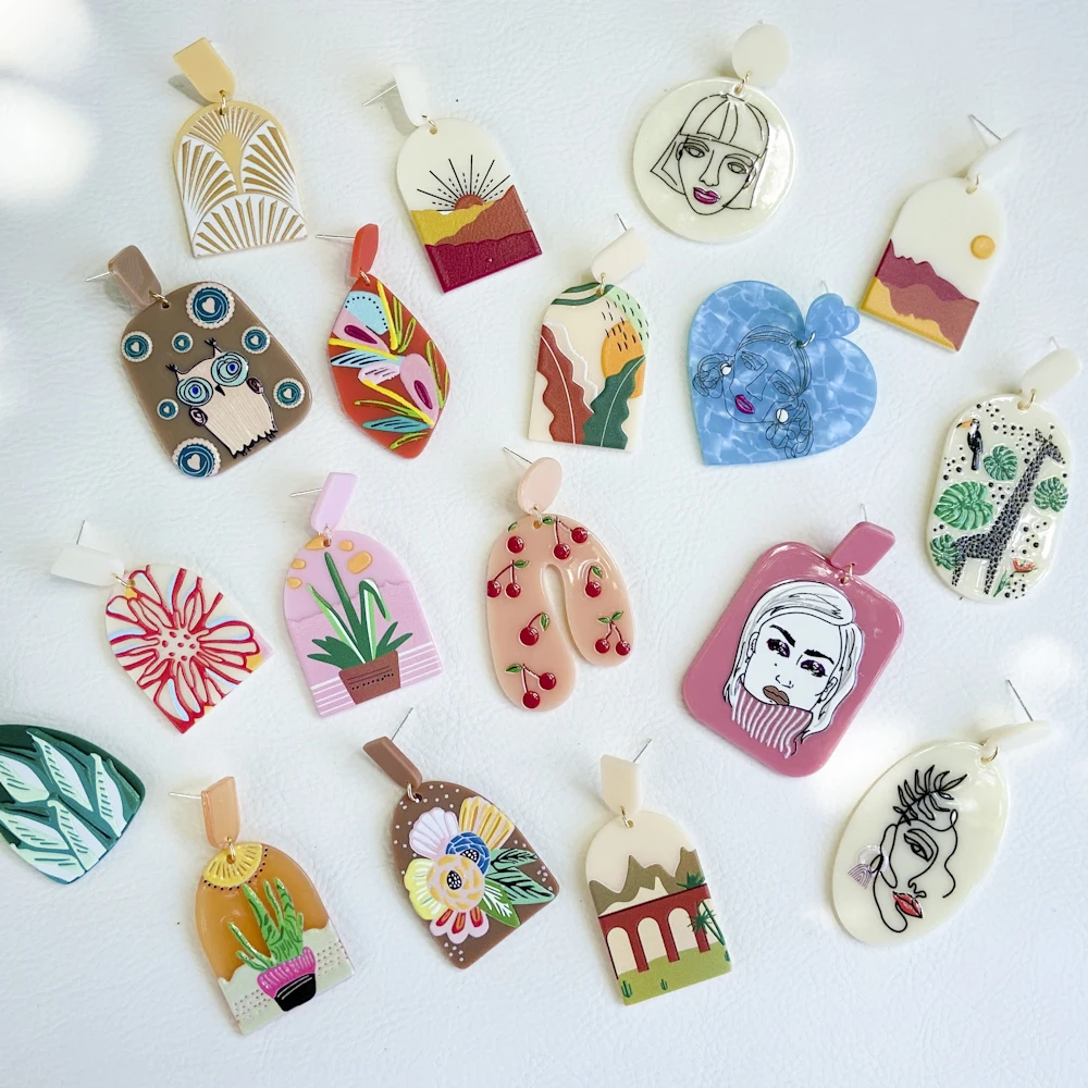 VG 6YM Hand Painted Dangle Drop Earrings Pattern Geometric Resin Earrings For Women Wedding Party Jewelry Dangle Earrings Drop Earrings Geometric Earrings