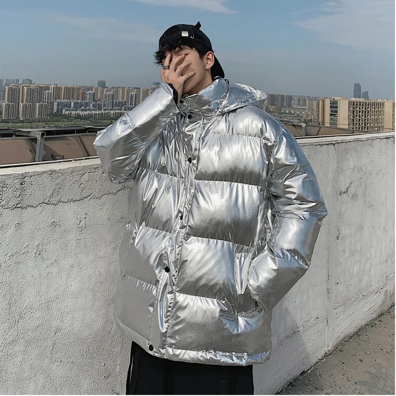 

2019 Winter New Port Wind Leather Loose Cotton Hooded Stand Collar Design Super Bright Thickening Bread Silver / Black