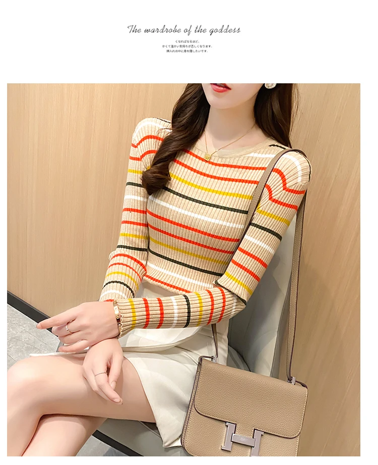 New Women Rainbow Stripe Sweater Winter Slim Long Sleeve Pullover Tops Korean Ladies Knitted Elegaht Sweaters Woman Jumper Mujer