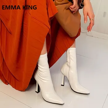 

2019 Square Toe Solid Leather Ankle Boots For Women Autumn Winter Kitten Heels Sexy Short Booties Side Zipper High Heels Shoes