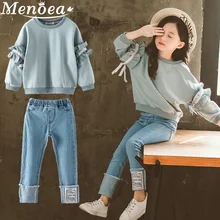 Комплект для крупных девочек, новинка года, костюм для девочек весенне-осенний свитер с кружевными рукавами для больших детей, джинсы детская одежда из 2 предметов