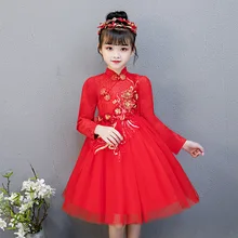 Детское красное платье Ципао в китайском стиле; изысканные вечерние платья с вышивкой и пайетками; платье с цветочным узором для девочек; Vestidos; кружевное многослойное Тюлевое платье