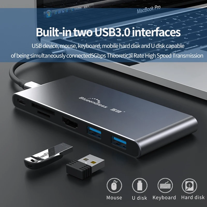  Blueendless M.2 SSD Gehäuse SATA NGFF zu USB Typ C Adapter mit 4K HDMI 2 USB3.0 SD/TF Kartenleser 6