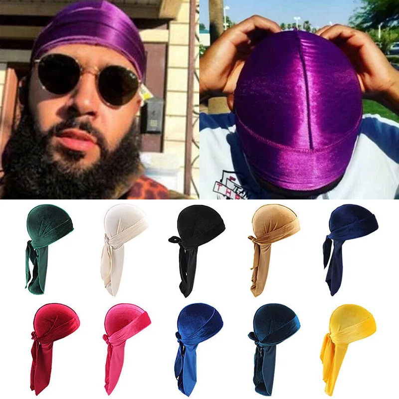 Men Women Velvet Silky Durag Hat Bandanna Turban Long Tail Pirate Cap Headwear 