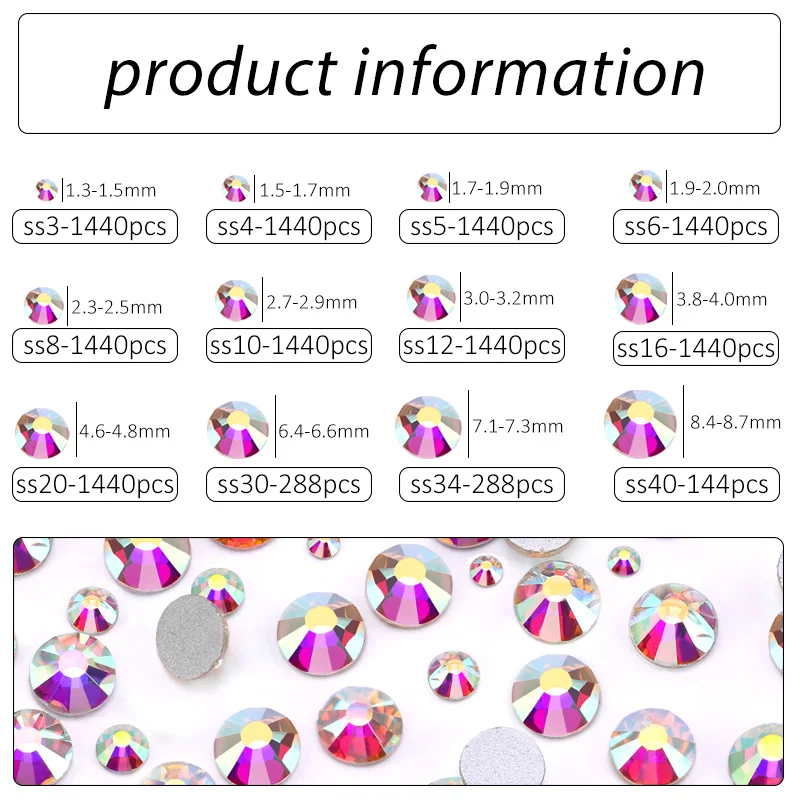 SS3-SS50 Glitter Crystal AB Nail Art Rhinestones Non Hot Fix FlatBack  Stones