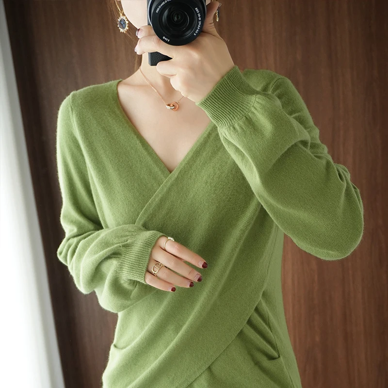 100% Pure Wool Ladies Cashmere Sweater Fashion V
