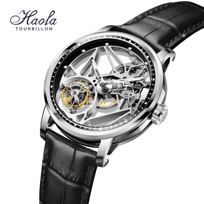 Haofa Skeleton Black Tourbillon Watch For Men Flying Tourbillon Movement Top Brand Luxury Sapphire Orologi Da Polso Orologio Uomo