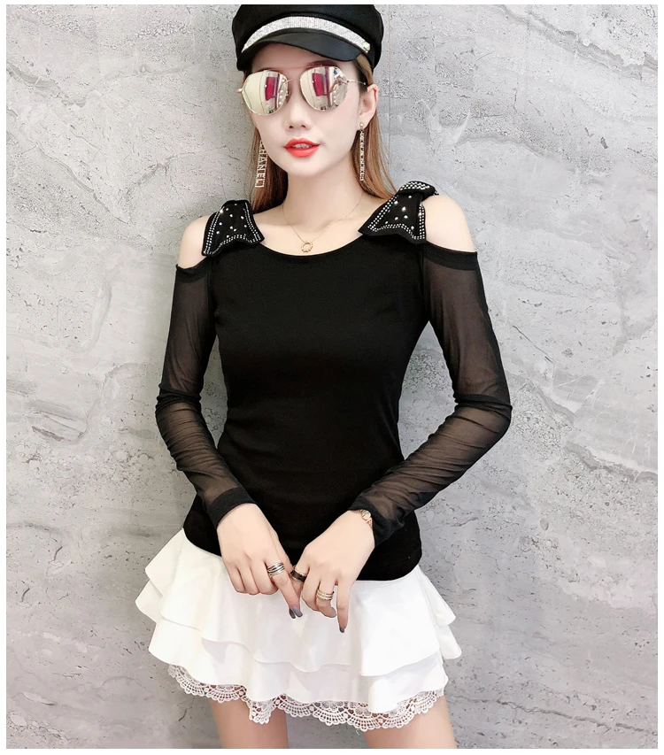 Black tshirt Сексуальная футболка с открытыми плечами, украшенная бабочками и бриллиантами, новинка, осенне-зимний женский Топ с длинным рукавом на спине, Camiseta Mujer T98204 - Цвет: Black tshirt