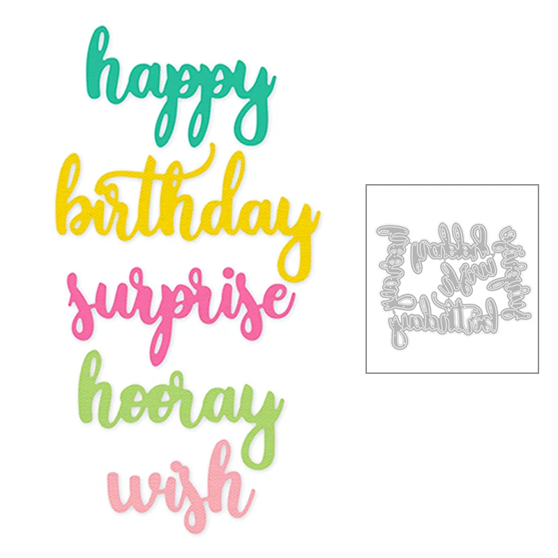 2020 New Happy Birthday Word Sorpresa Hooray Wish Metal Cutting Muore Per Diy Scrapbooking Biglietto D'Auguri Carta Che Non Fa Francobolli
