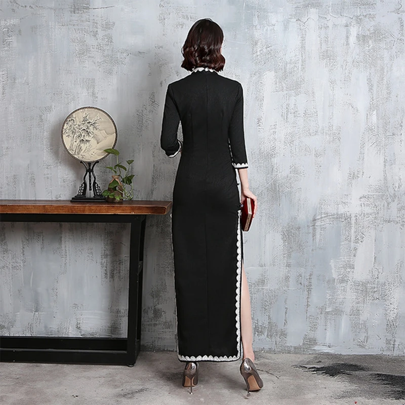 Платье с длинными рукавами, черное, модифицированное, версия cheongsam girl, было тонким, ретро, китайское, стильное, темпераментное платье, тонкое, длинное, Qipao платье