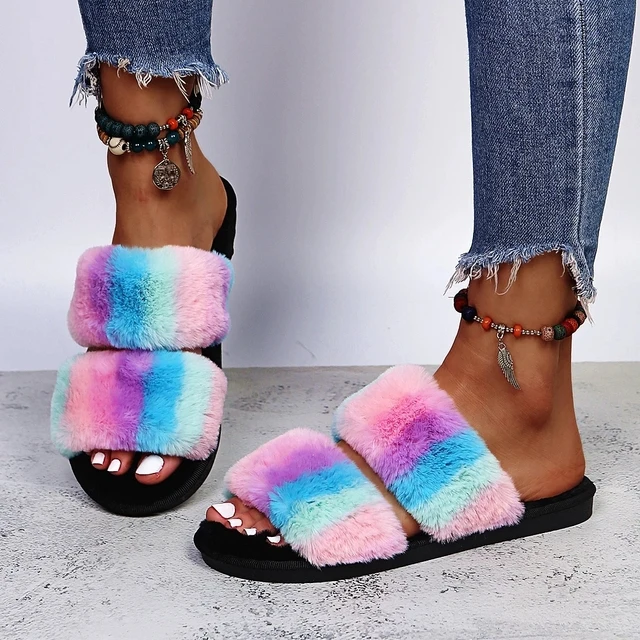 Warm Fluffy Slippers Women Cozy Faux Fur Cross Indoor Floor Slides Flat Soft Furry Shoes Ladies Female Celebrities Flip Flops Mix Pink Blue
