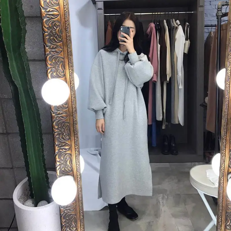 Корейский стиль, однотонное женское платье из хлопка, модное Повседневное платье с капюшоном, рукав-фонарик, женская осенняя одежда, прямое платье