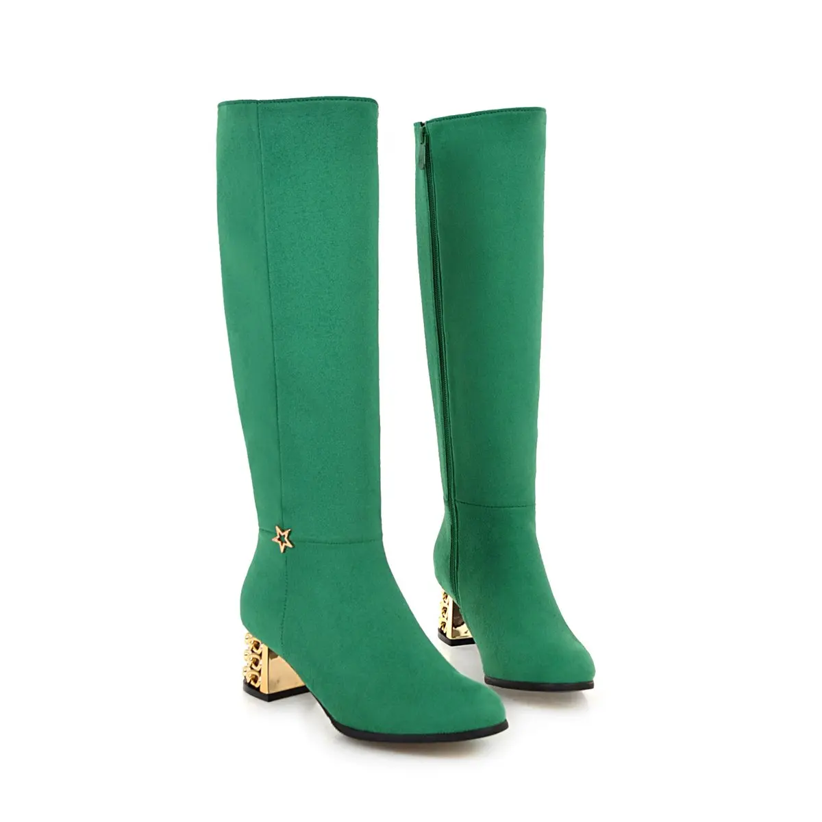 Зимние женские сапоги до колена; цвет черный, фиолетовый, флок, зеленый; квадратный каблук, позолота; повседневные офисные женские сапоги с высоким голенищем из плюша на молнии со звездами - Цвет: Green