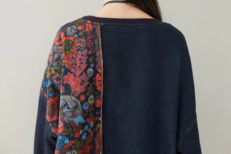 Oversize Patchwork Sweatshirt Bat Sleeve Knitted cowboy Robe O Neck Vintage Baggy Pullovers Extra Loose Cotton Plus Size Tops