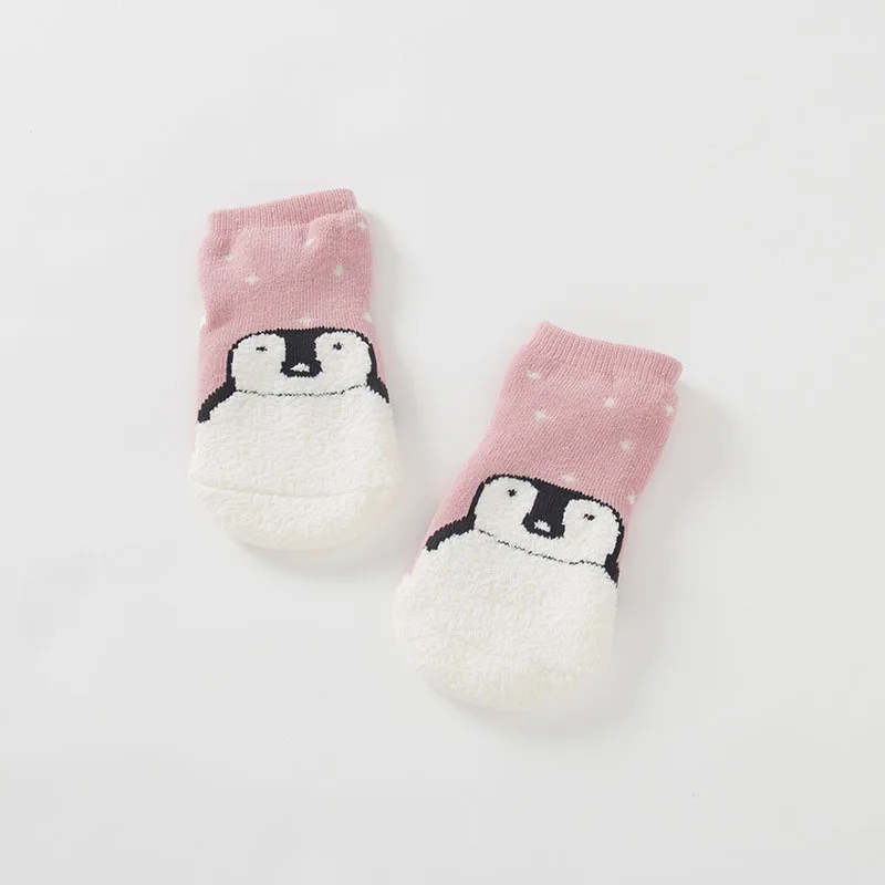 Pink Penguin Носки с подошвой зимние Утепленные хлопковые носки для малышей от 0 до 3 лет носки с пингвинами и снеговиком Детские теплые нескользящие носки - Цвет: Pink Penguin