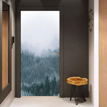 

3D Print Morning Green Forest Waterproof Entire Door Sticker Creative Stickers Door Wall Sticker DIY Mural Bedroom Home Decor