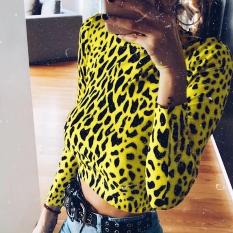 InstaHot модная леопардовая узкая эластичная футболка для женщин с длинным рукавом Осенний короткий узкий топ на каждый день со стоячим воротником для женщин