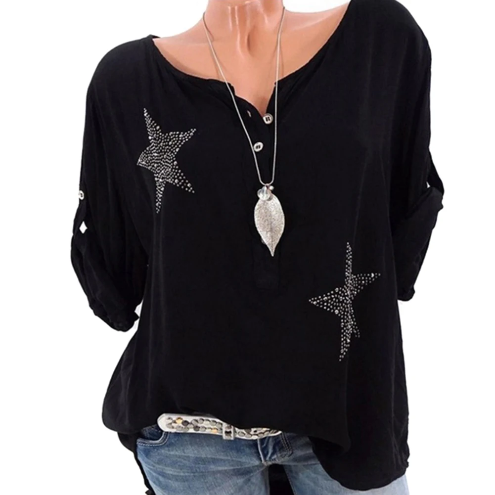 

Women Autumn T-shirts Pentangle Rhinestone Long Sleeves Round Neck Pullover Loose Tops JS25