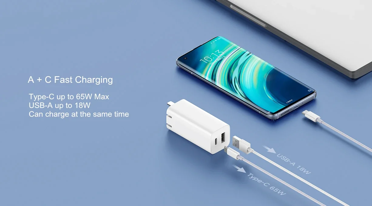 Original Xiaomi AD652G 65W GaN Charger Dual Ports Type-C + USB-A QC3.0 PD Charger for Laptop for Samsung Galaxy S21 Note S20 ultra Huawei Mate40 P50 OnePlus 9 Pro for iPhone 12 Pro Max