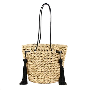 

Tassel Shoulder Straw Bag National Wind Simple Leisure Bucket Weave Beach Bag
