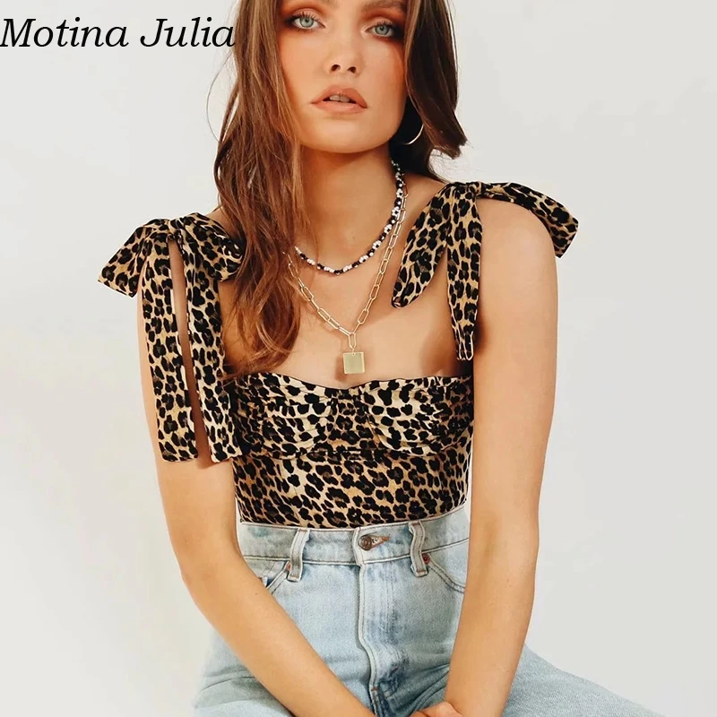 Motina Julia, сексуальные элегантные майки с леопардовым бантом и принтом, повседневные, красивые, пляжные, милые, на бретелях, женские, вечерние, Клубные, женские майки