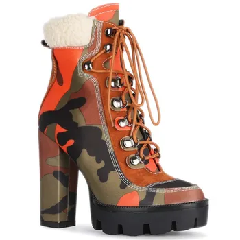 

Karinluna Wholesale Brand Shoes Women Camouflage INS Hot Platform Mixed Color Shoelace Round Toe Ankel Boots Thick High Heels