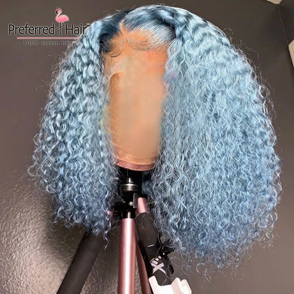 Preferred Kinky Curly Human Hair Wig Orange Baby Blue Lime Green 180 Density Lace Front Brazilian Remy Transparent Wigs | Шиньоны и